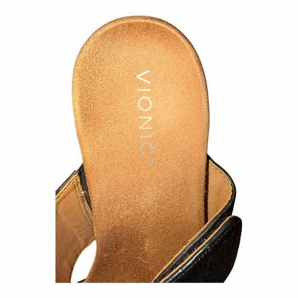 Vionic Black Leather Adjustable Cross-Strap Cork Heel Sandals with TanFootbed - Picture 12 of 14